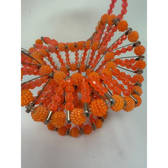 Vintage Handmade 10.5" Safety Pin Beaded Basket In Vibrant Orange & Red Beads - Picture 6 of 6